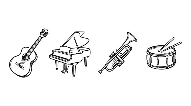 Musical instrument line art: guitar, piano, trumpet, drum