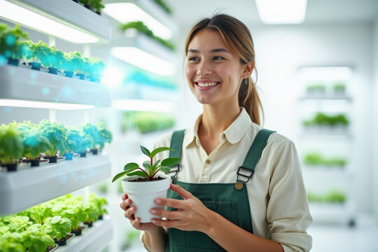 Smiling Young Woman Holding Plant in Modern Vertical Farm