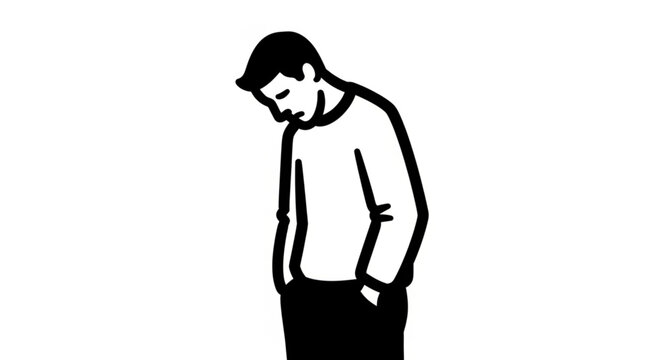 Sad Young Man Standing With Head Down.