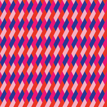 Seamless pattern designed from diagonal pink, bright pink, red and bright luminous blue parallelograms