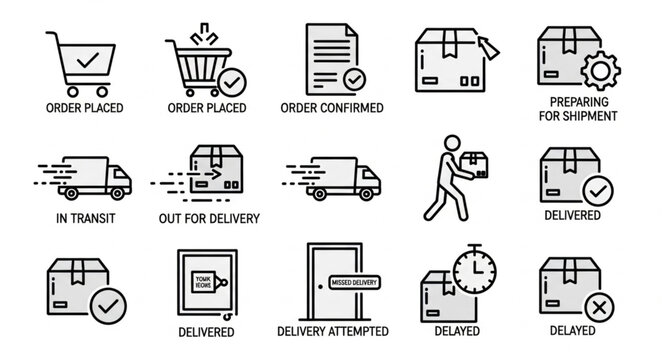 Set of icons representing logistics and delivery services.