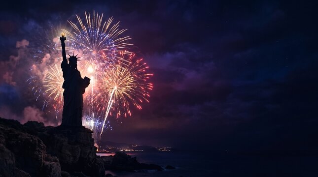 Statue of Liberty at night with colorful fireworks display over ocean.