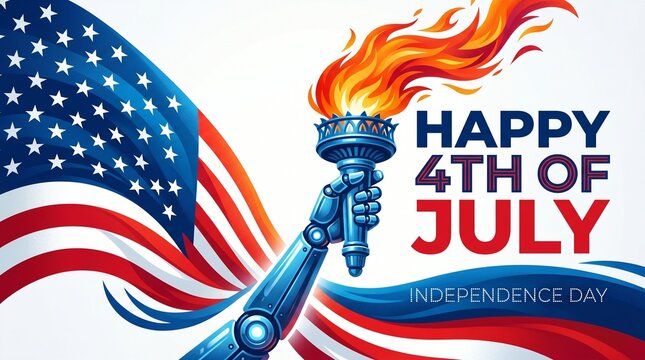 Futuristic robot hand holding burning torch with american flag background for fourth of july.