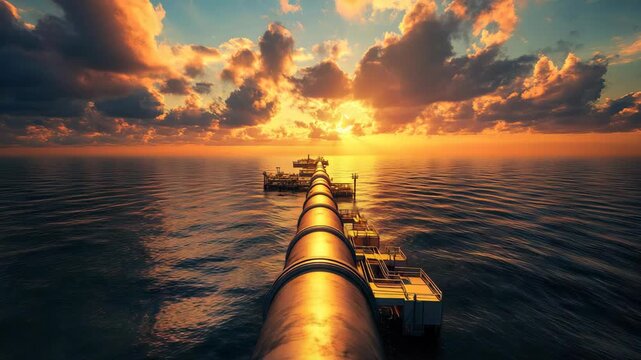 Offshore oil pipeline extending toward a distant industrial drilling platform at ocean sea sunset showing global energy production petroleum transport modern fuel infrastructure and energy industry
