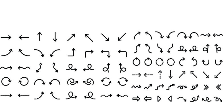 Comprehensive collection of black outline arrow featuring various directions, curves, loops, circles, and shapes on a white background