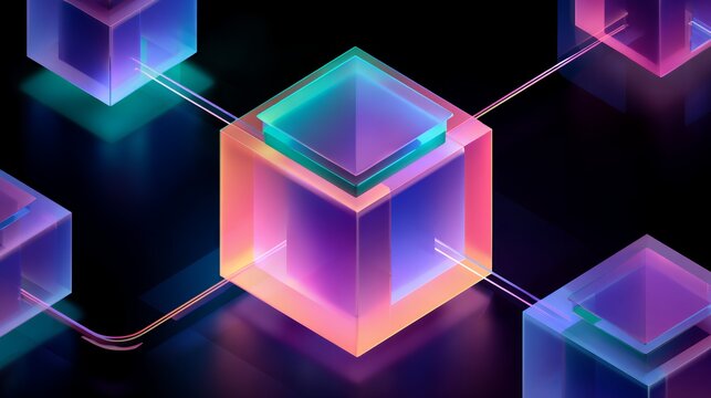 Abstract neon glowing cubes connected by lines on dark background representing blockchain, data network, and cloud computing.
