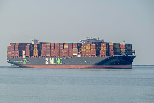 The Suezmax-class container ship ZIM Mount Kilimanjaro sails into Charleston Harbor, SC, USA on June 13, 2026.