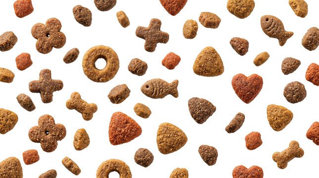 Floating dry cat food kibbles of various shapes