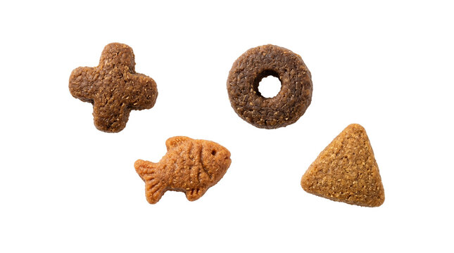 Four different shapes of brown dry cat food kibbles