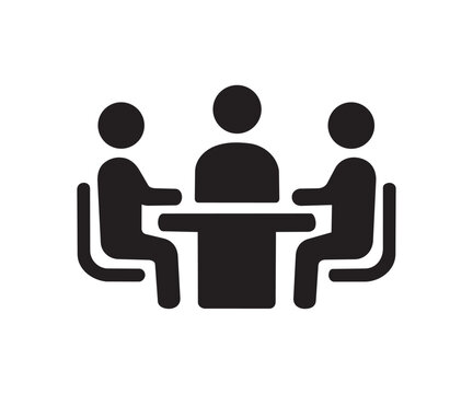 Four people sitting around a table black flat icon on a white background representing teamwork and collaboration