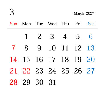 2027年3月、日本のカレンダー