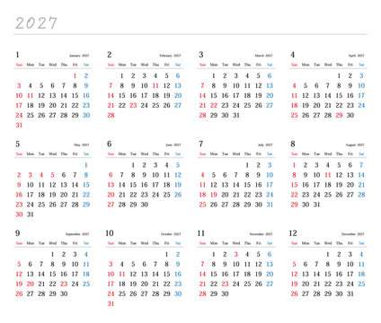 2027年日本の年間カレンダー	