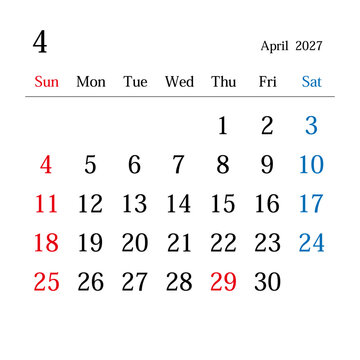 2027年4月、日本のカレンダー