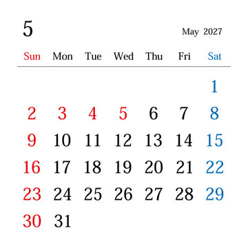 2027年5月、日本のカレンダー
