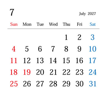 2027年7月、日本のカレンダー