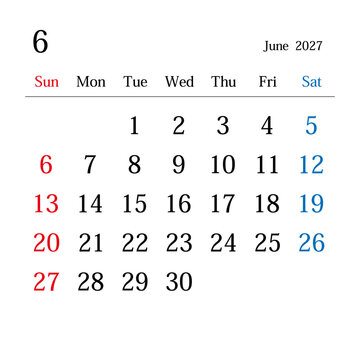 2027年6月、日本のカレンダー
