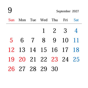 2027年9月、日本のカレンダー