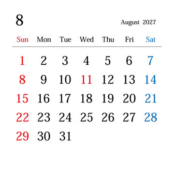 2027年8月、日本のカレンダー