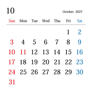 2027年10月、日本のカレンダー