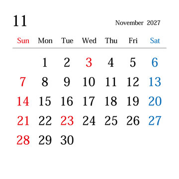 2027年11月、日本のカレンダー