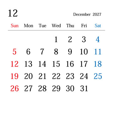 2027年12月、日本のカレンダー