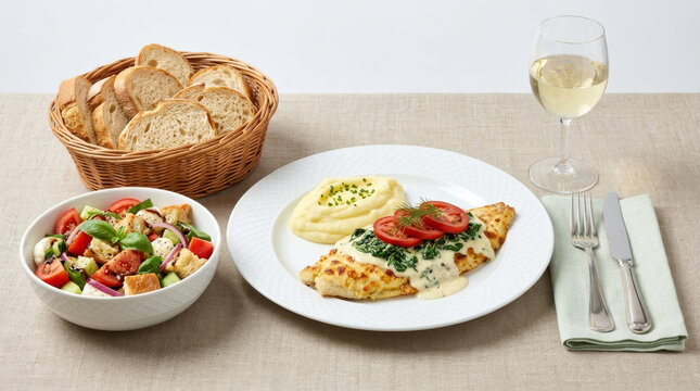 Fish fillet Florentine style with mashed potatoes, served with fresh Italian salad, a bread basket, and a glass of white wine on an elegant table