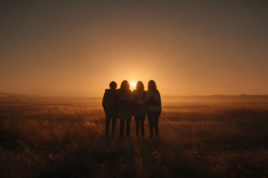 A group of friends standing in silhouette against the backdrop of an open field, arms around each other's shoulders as they gaze towards the horizon with their backs to camera Generative AI