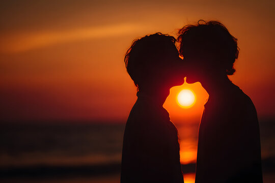 Romantic gay couple silhouette kissing at beach sunset. Love and relationships.