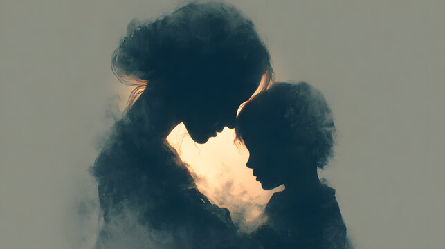 Embracing inner child. Artistic silhouette woman and child, symbolizing the concept of the inner child in delicate monochrome palette.