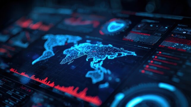 Digital world map on a futuristic interface displaying global data and statistics in a dark, high-tech environment. ..Created with Generative AI, not depicting real subjects.