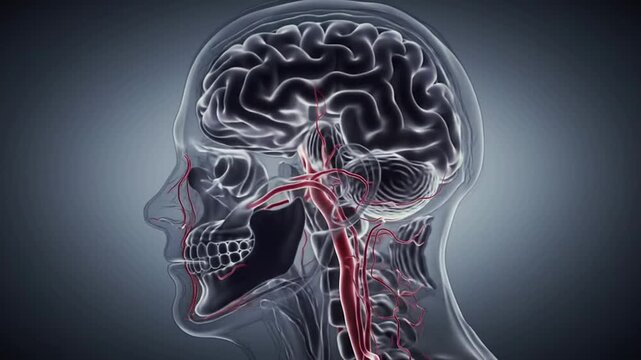 Emergency Stroke Body Scan Concept Highlighting Transparent Head And Neck Anatomy With 3D Medical Illustration Of Brain And Vascular System