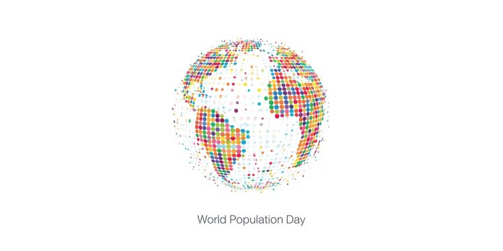 Abstract earth globe made of colorful polka dots representing global population day on a clean white background