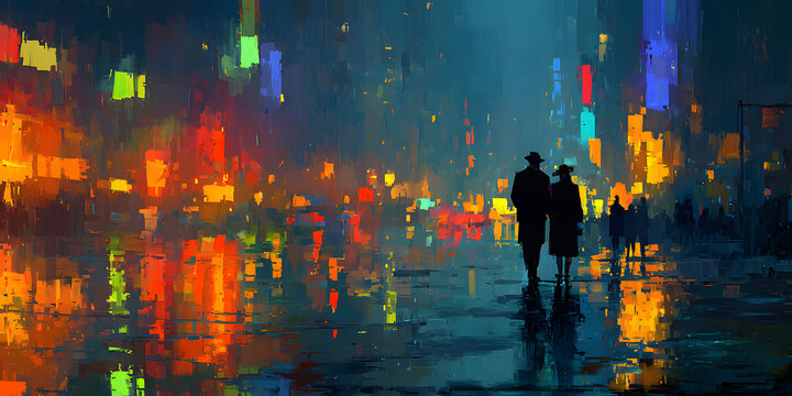 Back view of couple in love walking on street of city at night, illustration painting