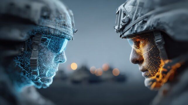A digital soldier representing artificial intelligence faces off against a human soldier in a futuristic conflict. ..Created with Generative AI, not depicting real subjects.