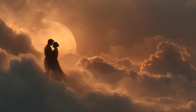 Silhouettes de couple amoureux dans les nuages avec clair de lune ou rayon de soleil, id&eacute;al pour st Valentin, mariages, romantisme, amour