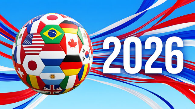 2026 International Football Tournament Banner with Global Flags Soccer Ball Dynamic Red White Blue Ribbons Modern Sports Championship Background