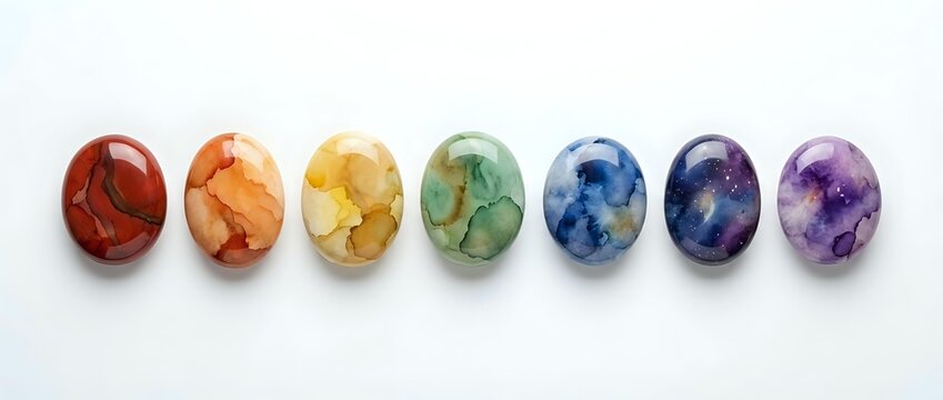Polished gemstone spheres in rainbow colors arranged in a row on white background, representing chakra healing crystals for wellness and spiritual practices.