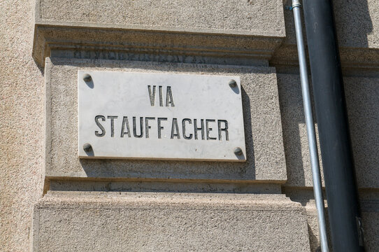 Via Werner Stauffacher white marble street sign in Lugano Switzerland