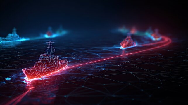 A fleet of advanced warships navigates a complex digital network. ..Created with Generative AI, not depicting real subjects.