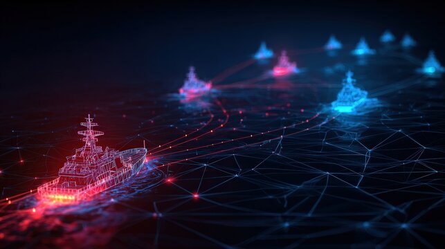 Naval fleet rendered in digital art with glowing connections across a dark grid, symbolizing network warfare or a strategic simulation. ..Created with Generative AI, not depicting real subjects.