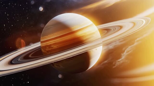 Saturn planet with detailed ring system in space rotating against starry cosmos and golden sunlight pull back shot