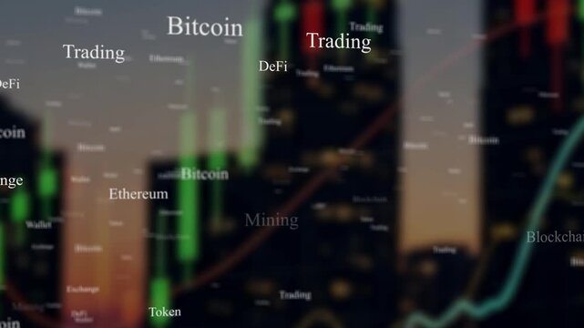 Bitcoin Crypto Ethereum and Trading 3D Word Cloud Animation with Financial Keywords Including Mining, Token, DeFi, Blockchain and Exchange over Stock Candlestick Chart