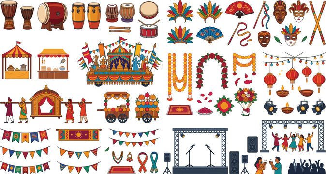 Cultural festival carnival celebration and traditional street parade event management element flat line icon set bundle vector illustration