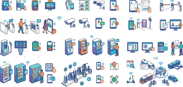 Smart city iot technology and digital payment infrastructure icon set bundle with contactless ticketing vending machine ev charging and transport logistics vector illustration