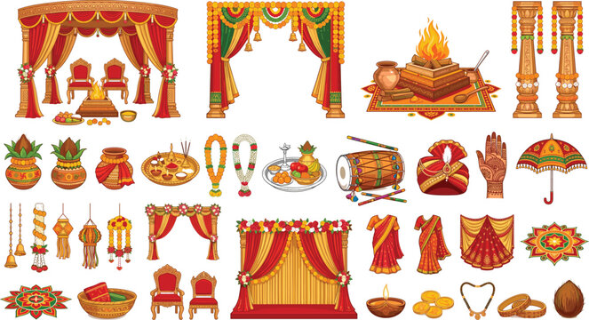 Traditional Hindu wedding ceremony decoration and Indian marriage ritual elements flat line icon set bundle vector illustration