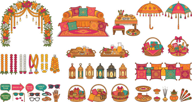 Traditional Indian Haldi and Mehndi ceremony celebration elements with floral arch decor seating umbrella and gift basket vector illustration