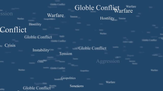 Global Conflict Warfare and Geopolitical Tension 3D Word Cloud Animation with Risk Keywords Including Instability, Hostility, Crisis, Aggression and Sanctions on Blue Backdrop
