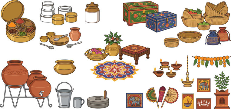 Traditional Indian household vintage kitchen utensils and ethnic home decoration elements flat line icon set bundle vector illustration