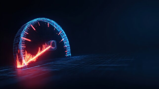 A digital speedometer with a vibrant neon glow indicates maximum speed, symbolizing performance, technology, and advancement. ..Created with Generative AI, not depicting real subjects.