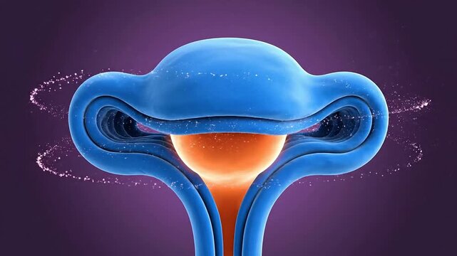 Fibroid-Inspired Abstract Visualization Featuring Rounded Blue Structures Surrounding an Orange Core Set Against a Dynamic Purple Background